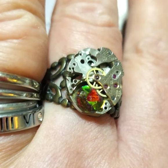 Vintage Steampunk Rainbow Crystal Ring - Picture 1 of 7